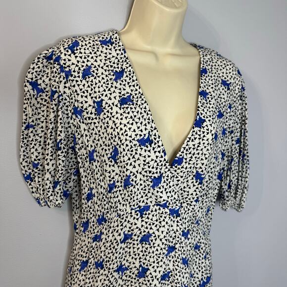 Maje Ripensee Blue Floral Print V Neck Dress Puff Sleeve Romantic Women's - Picture 9 of 16